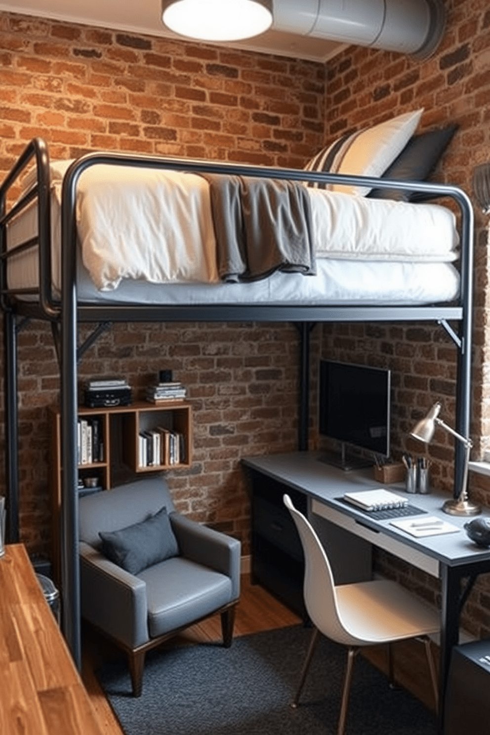 A stylish men's bedroom featuring a lofted bed that maximizes floor space. Below the bed, a cozy reading nook with a small bookshelf and a comfortable armchair invites relaxation. The room is decorated in a modern industrial style with exposed brick walls and metal accents. A sleek desk is positioned against one wall, complete with a minimalist lamp and organized stationery.