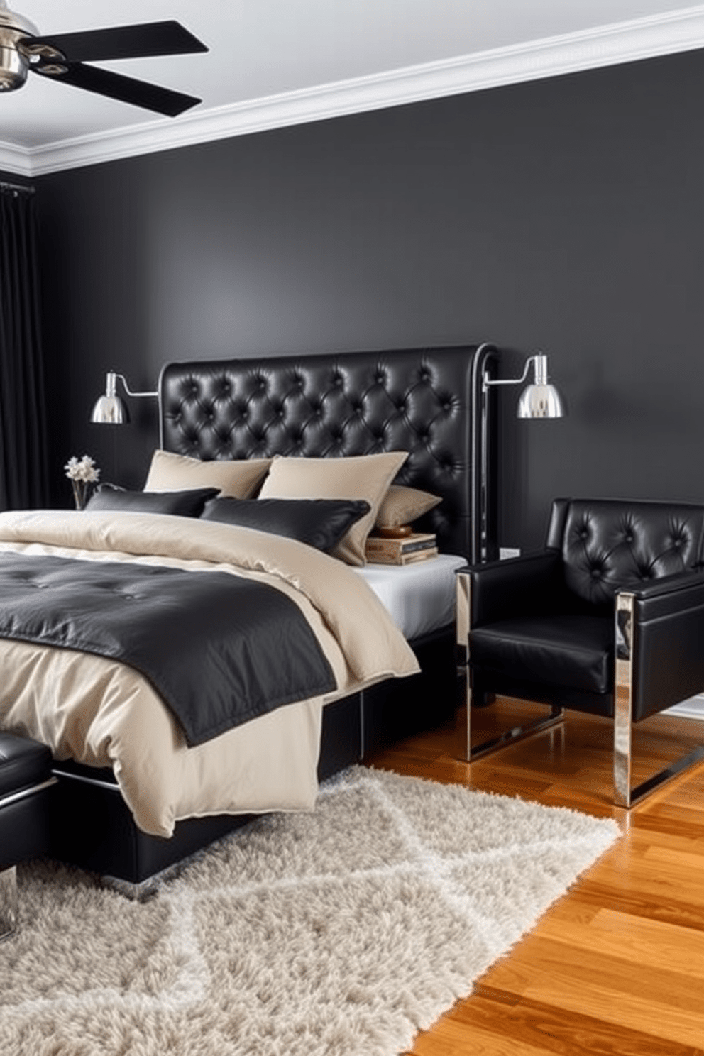 A classic men's bedroom featuring rich black leather accents and sleek chrome elements. The bed is dressed in a luxurious black leather headboard with matching bedding, complemented by chrome bedside lamps on each side. A stylish black leather armchair is positioned in the corner, paired with a chrome side table. The walls are painted in a deep charcoal gray, while a plush area rug adds warmth to the polished wood floor.