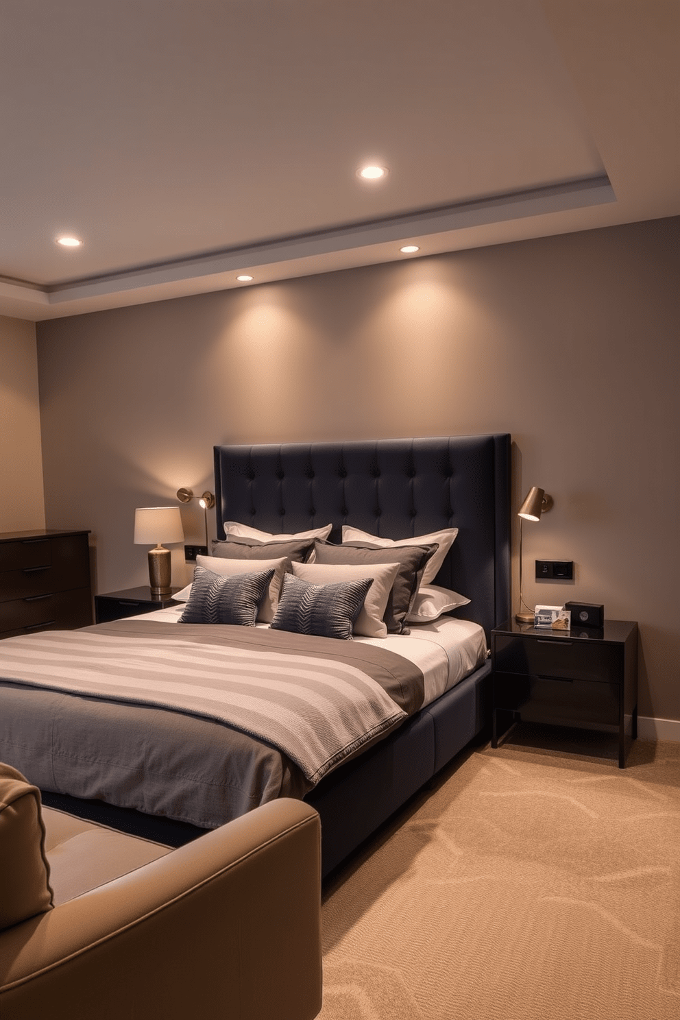 A men's bedroom designed for comfort and style features a plush king-sized bed with a dark navy upholstered headboard. The bedding is layered with soft gray and white textures, complemented by a few decorative throw pillows. The room is illuminated by warm ambient lighting from stylish bedside lamps and recessed ceiling lights. A sleek wooden dresser sits against one wall, while a comfortable armchair in the corner invites relaxation.