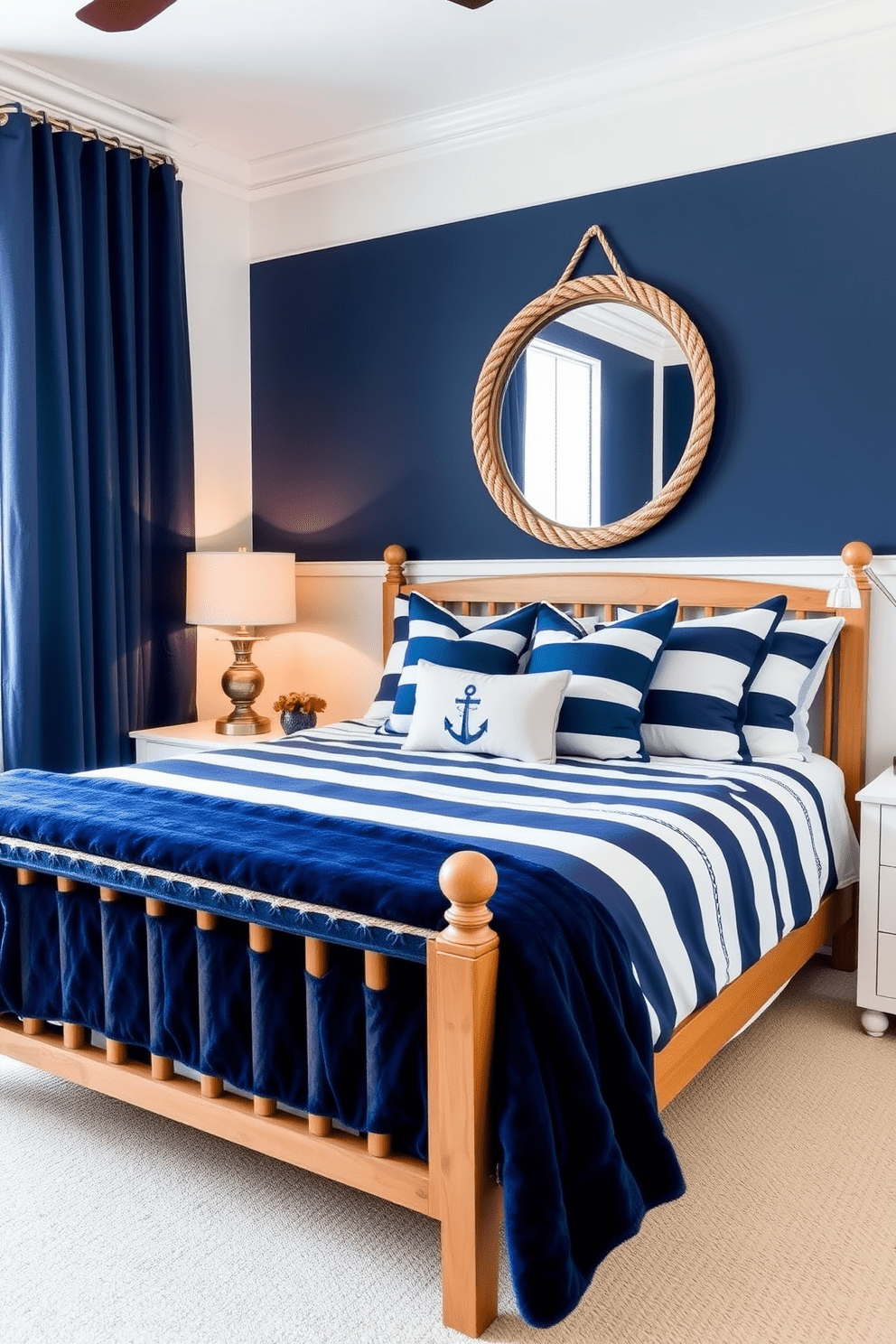 A nautical themed men's bedroom featuring navy blue and white color schemes. The walls are painted in a crisp white, while the bedding showcases bold navy stripes, complemented by a plush navy throw blanket. A wooden bed frame with a slatted design sits against one wall, adorned with nautical-themed pillows. A large round mirror with a rope frame hangs above a sleek white nightstand, which holds a vintage nautical lamp.