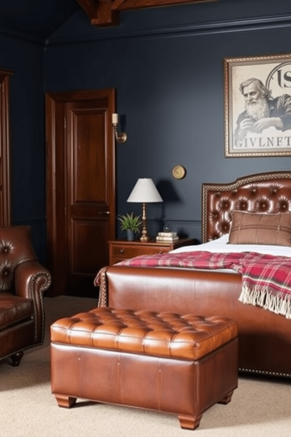 A men's bedroom featuring vintage leather furniture that exudes sophistication and warmth. The room includes a large leather armchair in a deep brown hue, paired with a matching leather ottoman for added comfort. A king-sized leather bed with a tufted headboard serves as the centerpiece, adorned with crisp white linens and a plaid throw blanket. The walls are painted in a muted navy blue, complemented by rich wooden accents and brass lighting fixtures.