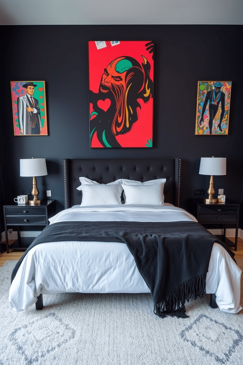 A men's bedroom featuring dark walls that create a dramatic backdrop. The space is adorned with bright artwork that adds vibrant pops of color, enhancing the overall aesthetic. A large, plush bed with a dark upholstered headboard takes center stage, complemented by crisp white linens. Industrial-style bedside tables hold sleek lamps, providing a modern touch to the design.