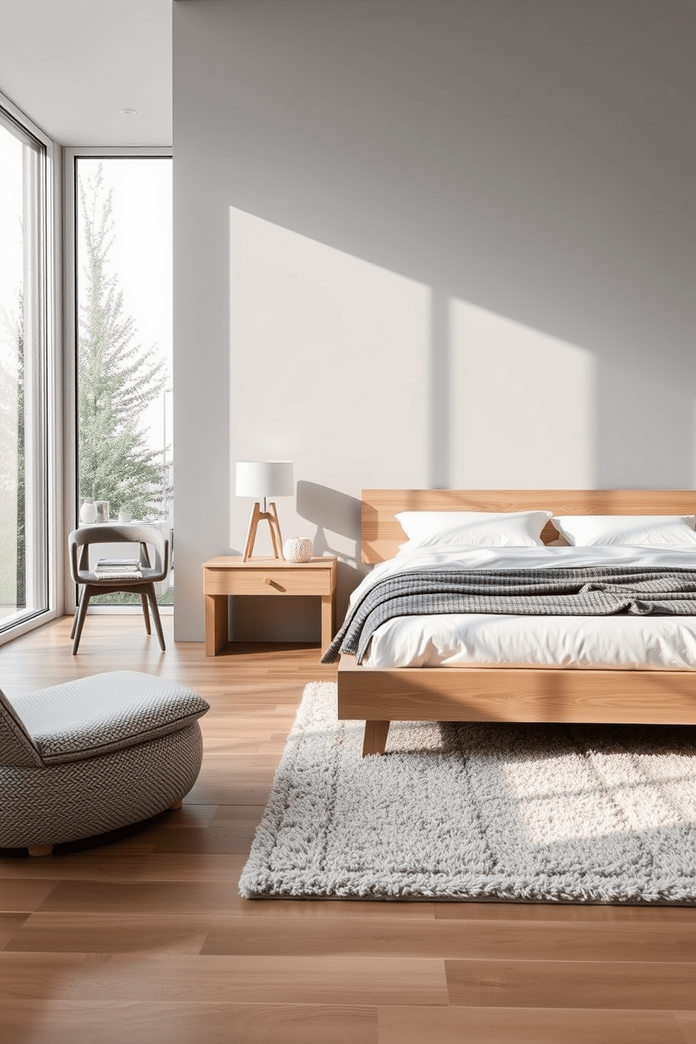 A sleek Scandinavian men's bedroom featuring a minimalist platform bed with a light wood frame and crisp white bedding. The walls are painted in soft gray, complemented by a large window allowing natural light to fill the room. A stylish bedside table made of light oak holds a modern lamp with a geometric design. The floor is adorned with a plush area rug in neutral tones, and a cozy reading nook with a comfortable chair and a small bookshelf is positioned in the corner.