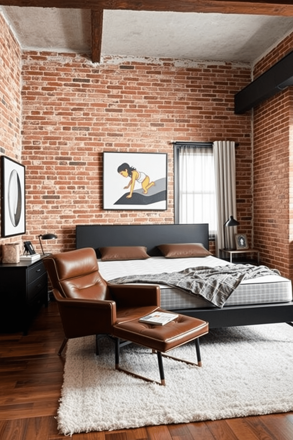 A stylish men's bedroom featuring an urban loft aesthetic with exposed brick walls that add character and warmth. The room includes a large industrial-style bed frame with a plush mattress, complemented by dark wood nightstands on either side. A cozy reading nook is created with a vintage leather armchair and a small side table, positioned near a window with sheer curtains. The floor is adorned with a soft area rug that introduces texture, while modern artwork hangs above the bed, enhancing the room's contemporary vibe.