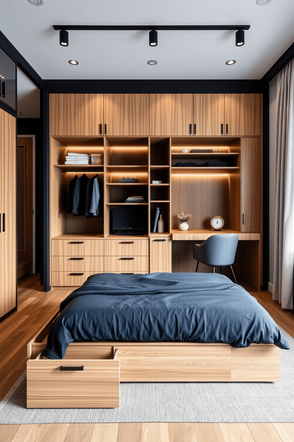 A stylish men's bedroom featuring smart storage solutions to maximize space. The room includes a sleek platform bed with built-in drawers underneath, and a wall-mounted desk that folds away when not in use. A custom wardrobe with open shelving and closed cabinets provides ample storage while maintaining a clean aesthetic. The color palette consists of deep navy and warm wood tones, complemented by modern lighting fixtures and minimalist decor.