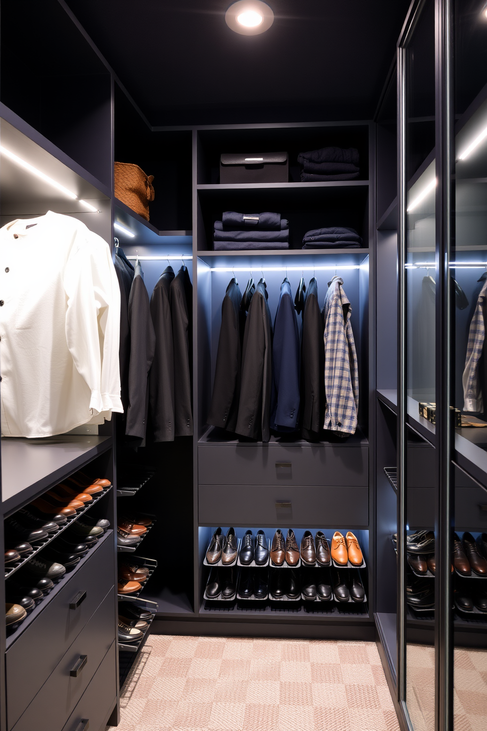 A men's walk-in closet featuring spinning shoe racks for easy access. The space is organized with sleek shelving units and ample hanging space for suits and casual wear. The walls are painted in a deep navy blue, creating a sophisticated atmosphere. Soft LED lighting highlights the shoe racks, making it easy to find the perfect pair for any outfit.