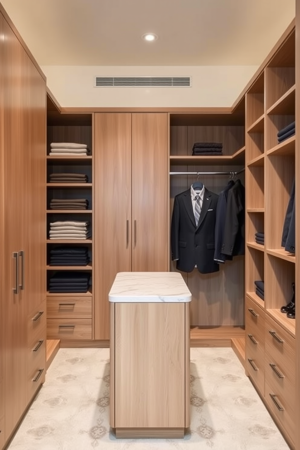 A men's walk-in closet featuring sleek wooden cabinetry in a light oak finish. The walls are painted in a soft beige, creating a serene backdrop for the organized space. Incorporate a central island with a marble top for accessories and watches. Shelves are lined with neatly folded sweaters, while a section is dedicated to tailored suits hanging elegantly.