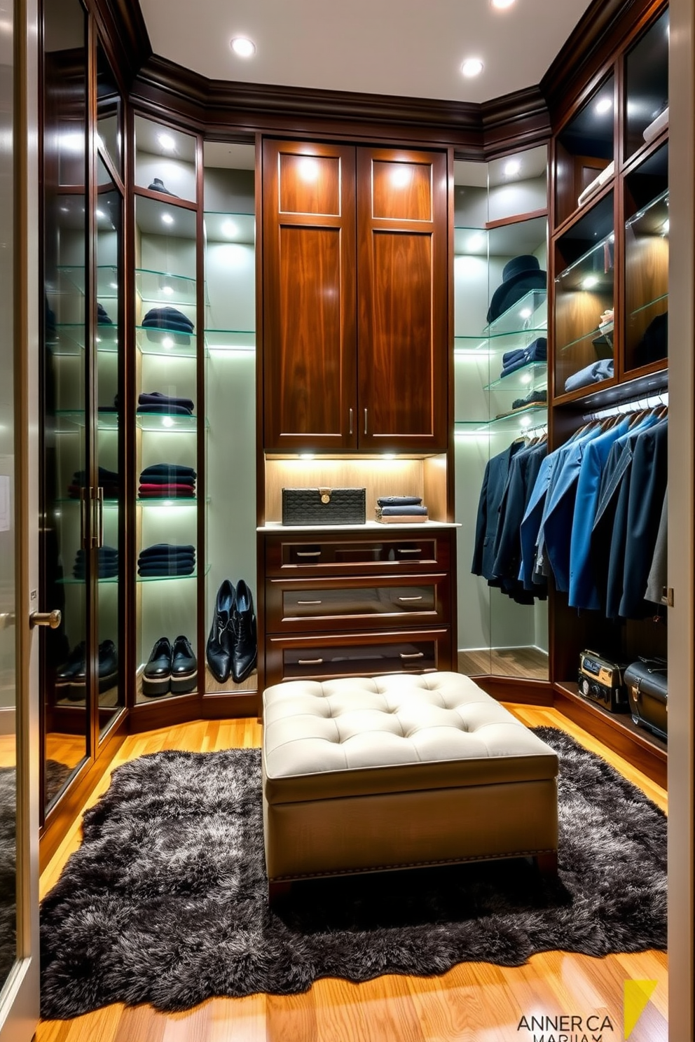 A luxurious men's walk-in closet featuring dark wood cabinetry and sleek glass shelves. The space is illuminated by recessed lighting, creating a warm ambiance that highlights the organized suits and accessories. A plush area rug adds warmth and texture underfoot, complementing the polished hardwood floor. A stylish ottoman sits in the center, providing a comfortable spot for putting on shoes or relaxing.