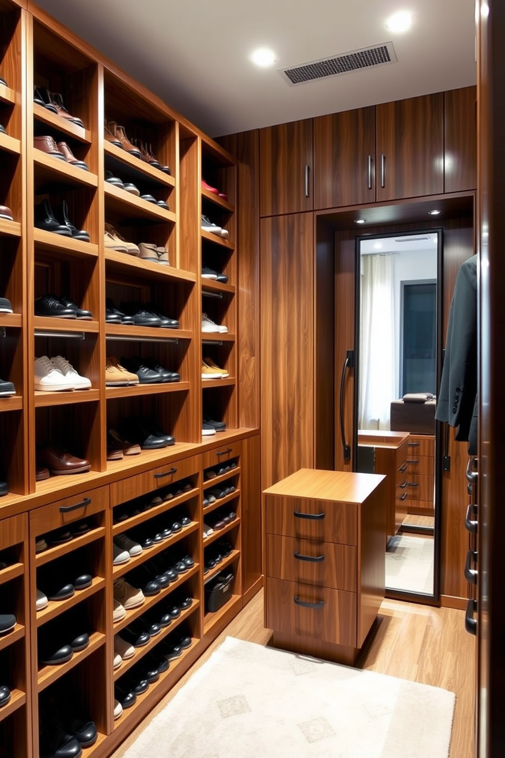 A stylish men's walk-in closet featuring vertical storage solutions to maximize space. The design includes tall shelving units lined with neatly arranged shoes, while a central island showcases accessories in organized compartments. The walls are adorned with rich wood paneling, creating a warm and inviting atmosphere. A full-length mirror is positioned strategically to enhance the sense of space and reflect natural light.