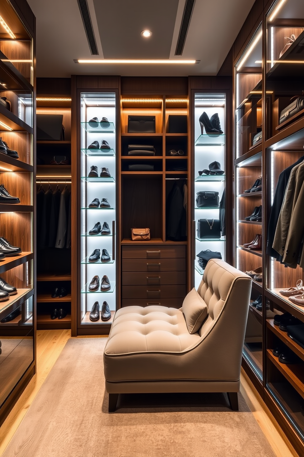 A luxurious men's walk-in closet featuring sleek lighted display cases for stylish storage. The cases are elegantly arranged to showcase a curated collection of shoes and accessories, with warm lighting that enhances the rich wood finishes. The closet is designed with ample hanging space and shelves, allowing for organized storage of suits and casual wear. A plush seating area is included, providing a comfortable spot for dressing and accessorizing.