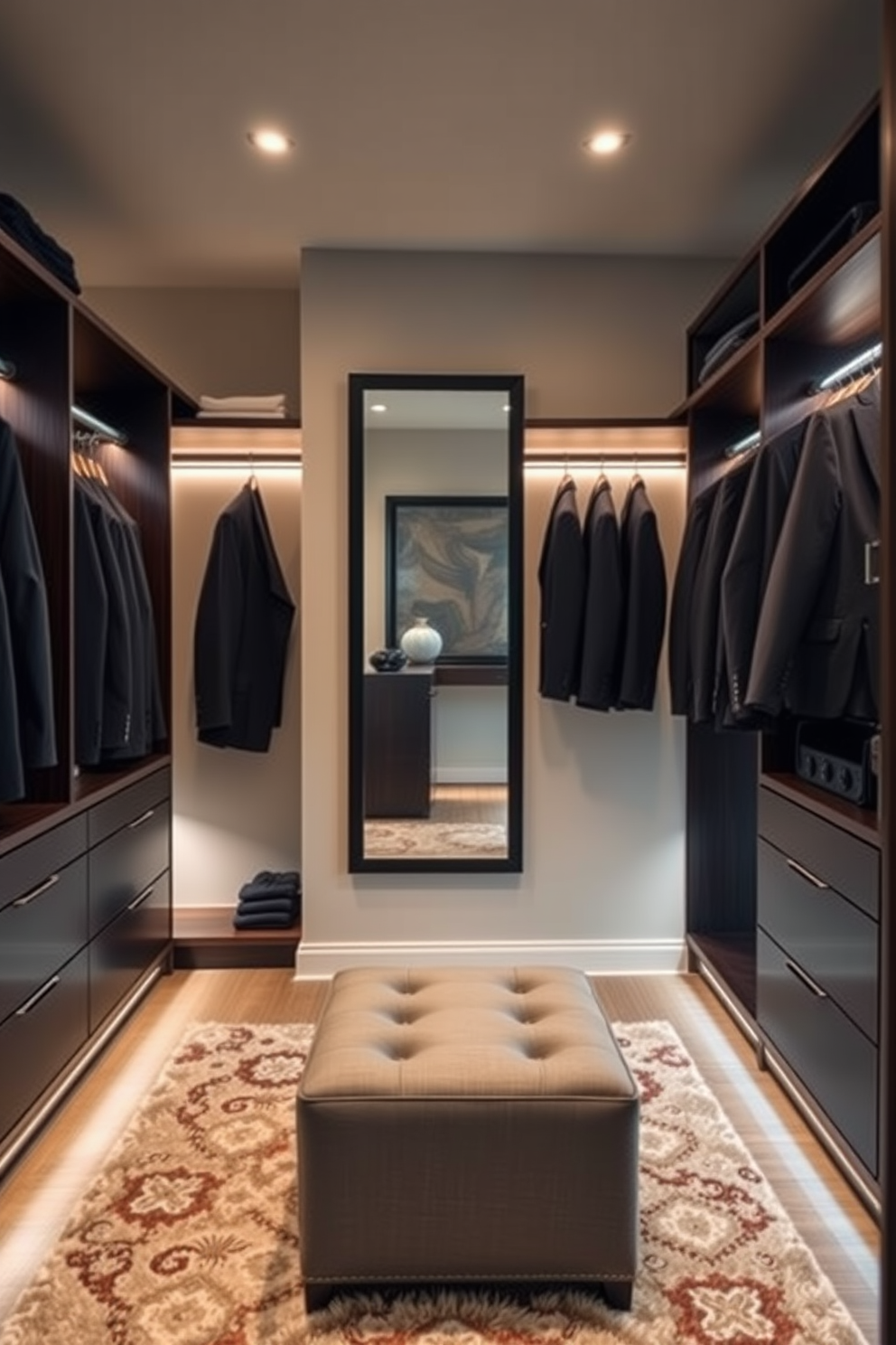 A stylish men's walk-in closet featuring a full-length mirror mounted on the wall. The space is designed with dark wood shelving and hanging rods, providing ample storage for suits and accessories. Soft LED lighting illuminates the closet, creating a warm ambiance. A plush area rug adds comfort underfoot, while a sleek ottoman offers a convenient seating option.