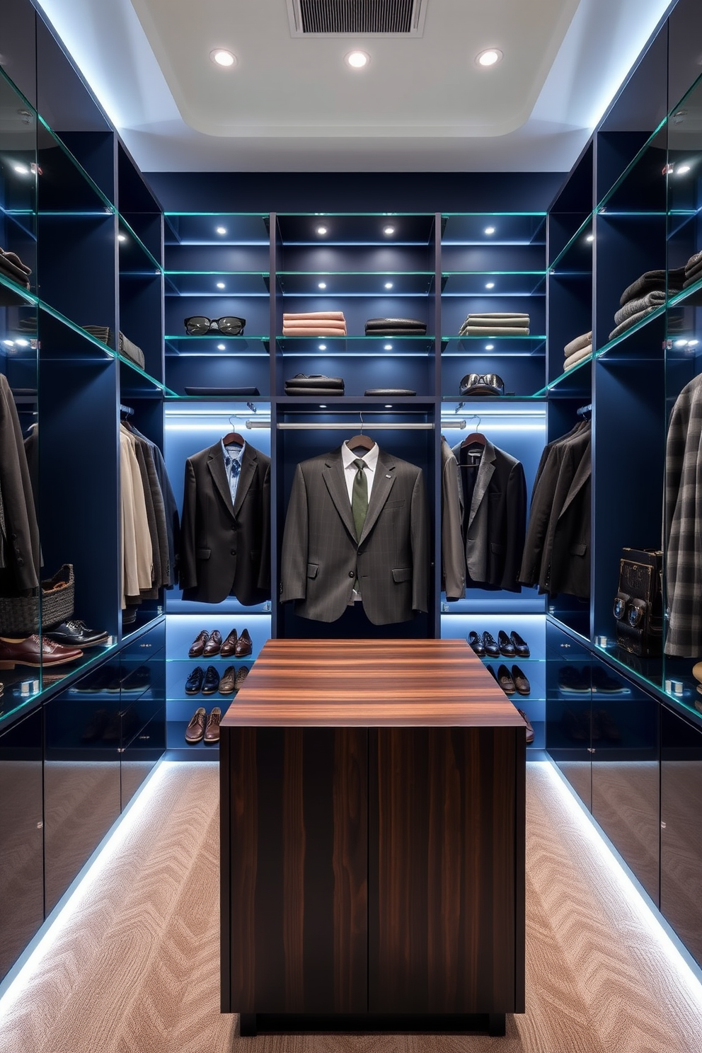 A stylish men's walk-in closet featuring sleek glass shelves that add a modern touch. The walls are painted in a deep navy blue, creating a sophisticated backdrop for the organized space. A central island with a dark wood finish provides additional storage and display space for accessories. Soft LED lighting illuminates the closet, highlighting the neatly arranged shoes and tailored suits.