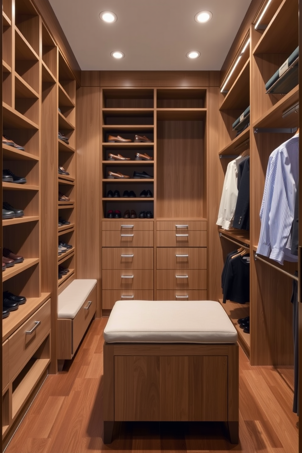 A designated shoe storage area featuring multiple compartments designed for easy organization. The space includes sleek shelving units and a comfortable bench for seating, all finished in a rich wood tone. The men's walk-in closet showcases a blend of functionality and style. It features built-in shelving, hanging rods at varying heights, and an island in the center for accessories and storage.