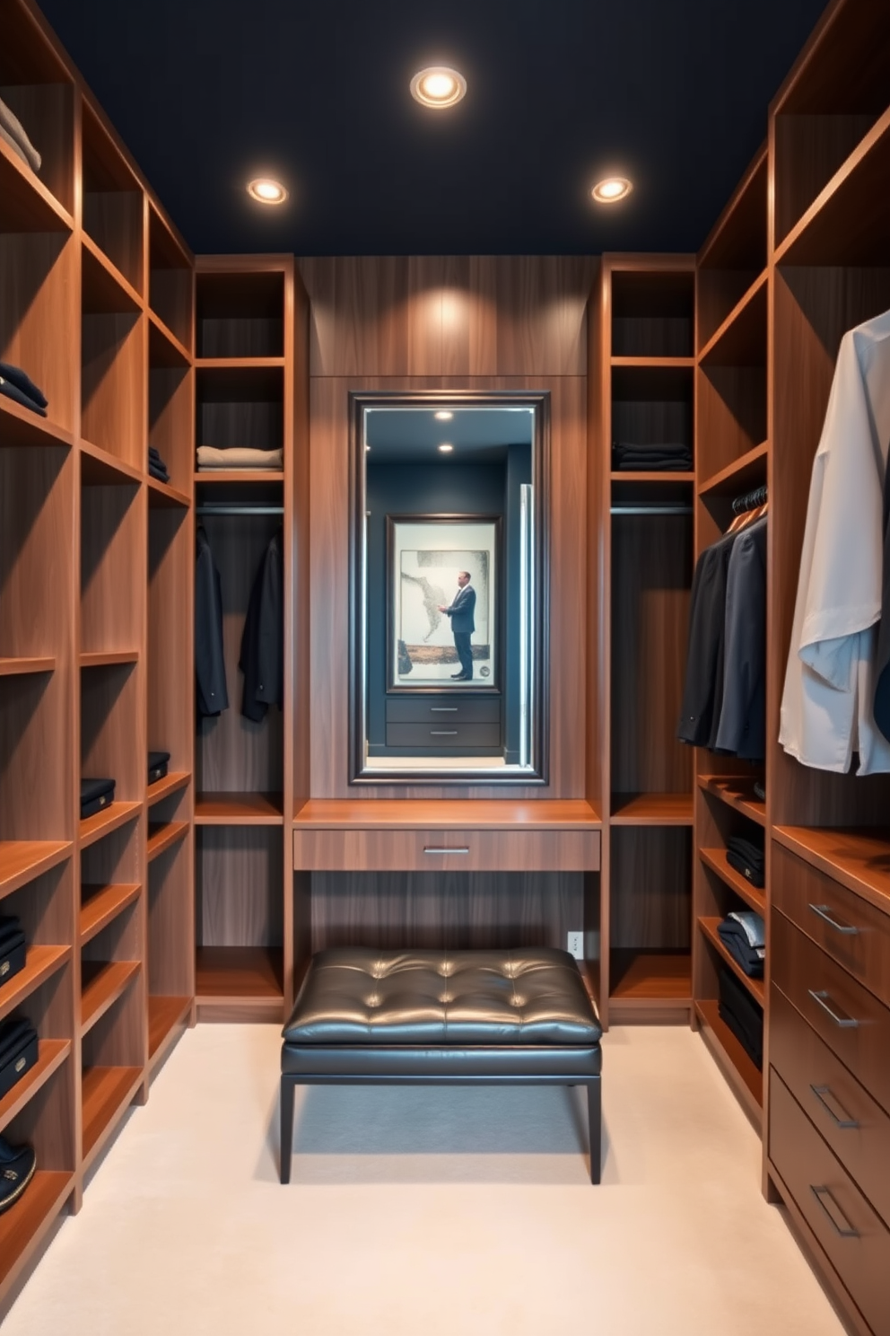 A stylish men's walk-in closet featuring custom wooden shelving and hanging rods for optimal organization. A small seating area with a sleek leather bench is positioned in the center, providing convenience for dressing. The walls are painted in a rich navy blue, creating a sophisticated ambiance. Soft ambient lighting highlights the space, while a large mirror reflects the elegant design and enhances the overall feel.