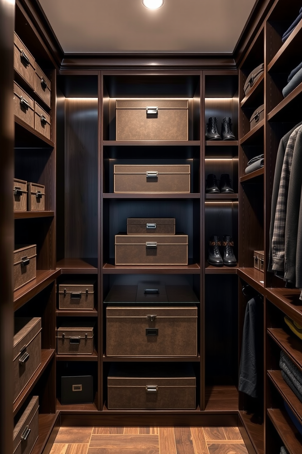 A men's walk-in closet featuring elegant decorative boxes for stylish organization. The space is designed with sleek wooden shelving and a rich dark color palette, creating a sophisticated ambiance.