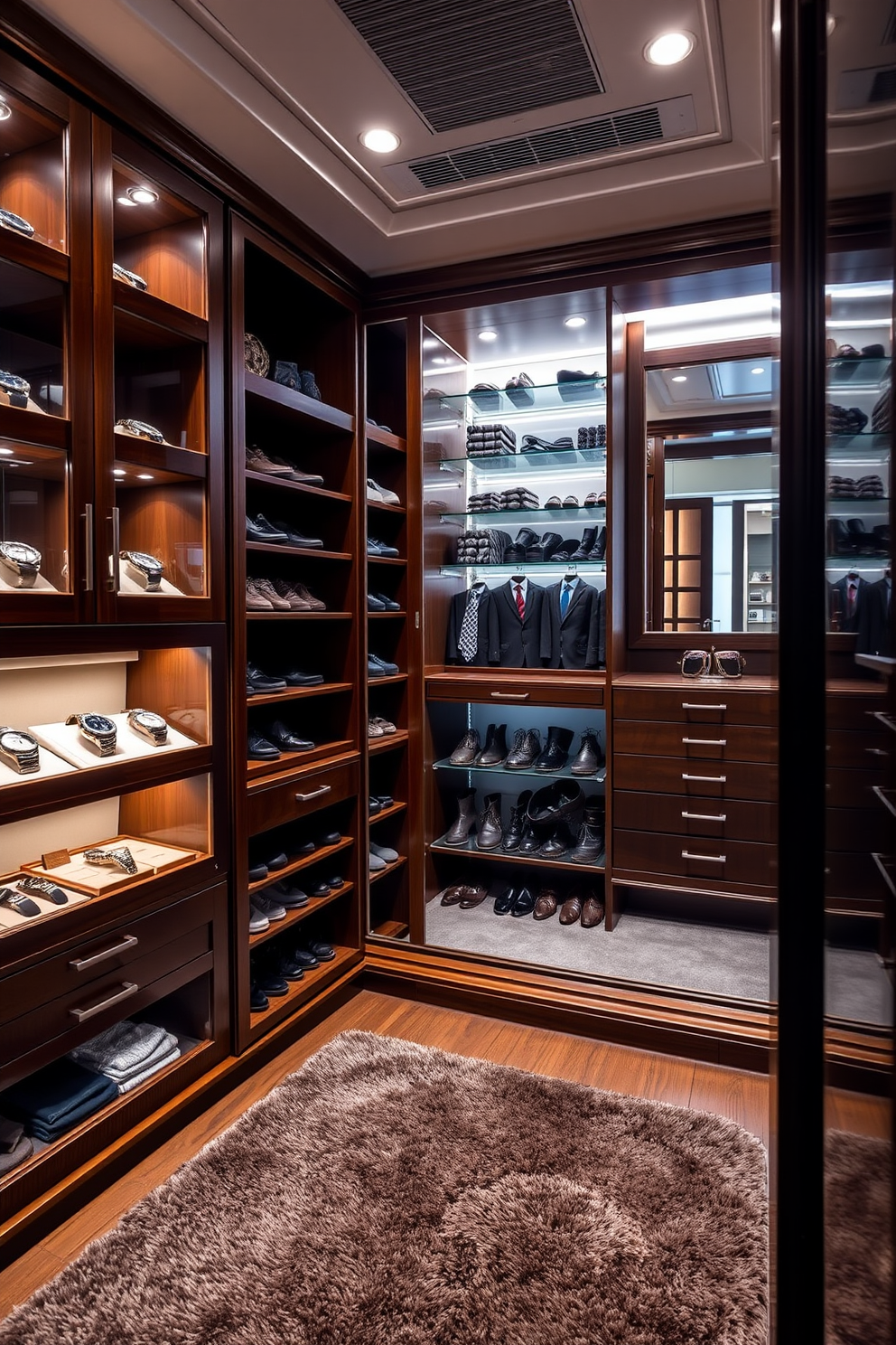 A luxurious men's walk-in closet featuring a jewelry display section. The space is adorned with rich wooden cabinetry that includes a dedicated area for displaying watches and cufflinks in elegant cases. Soft lighting highlights the organized shelves filled with neatly arranged shoes and ties. A plush area rug anchors the room, while a full-length mirror reflects the sophisticated ambiance.