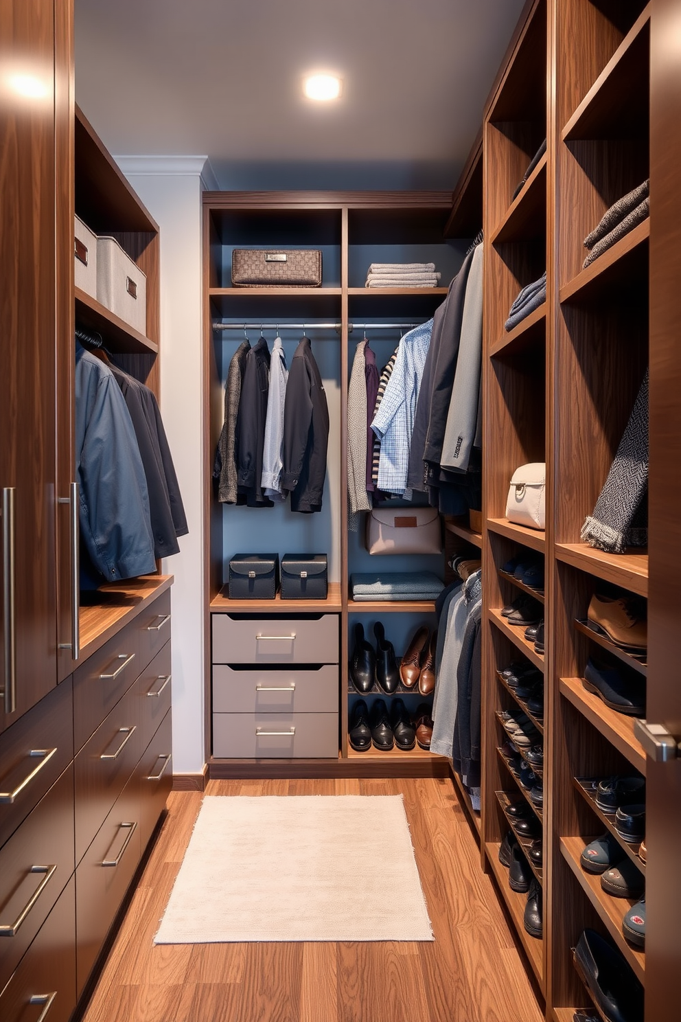 A stylish men's walk-in closet features a combination of open shelving and closed cabinetry to maximize storage and organization. The color palette includes rich wood tones with brushed metal accents, creating a warm and sophisticated atmosphere. Incorporate a seasonal rotation system by installing pull-out bins or drawers that allow easy access to seasonal clothing. A dedicated area for shoes with adjustable shelving ensures that footwear is neatly displayed and easily reachable.