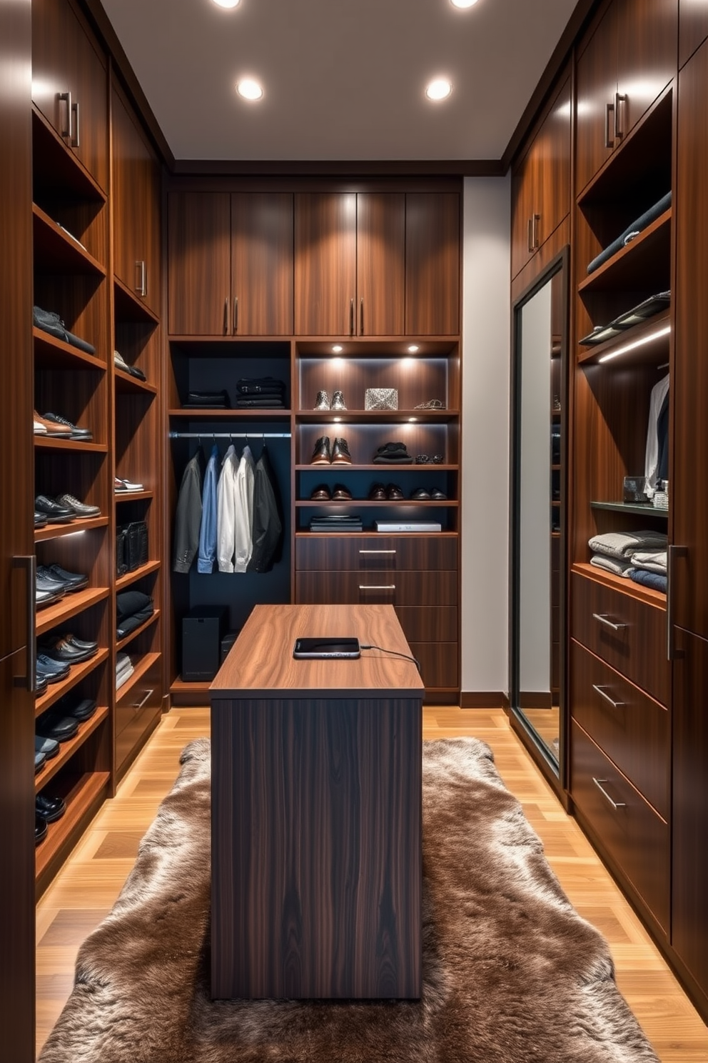 A stylish men's walk-in closet featuring custom cabinetry with a rich walnut finish. The space includes a central island with a charging station for devices, surrounded by neatly organized shelves for shoes and accessories. The closet is well-lit with recessed lighting that highlights the elegant design. A plush area rug adds warmth, while a full-length mirror is positioned against one wall, enhancing the overall sophistication of the space.