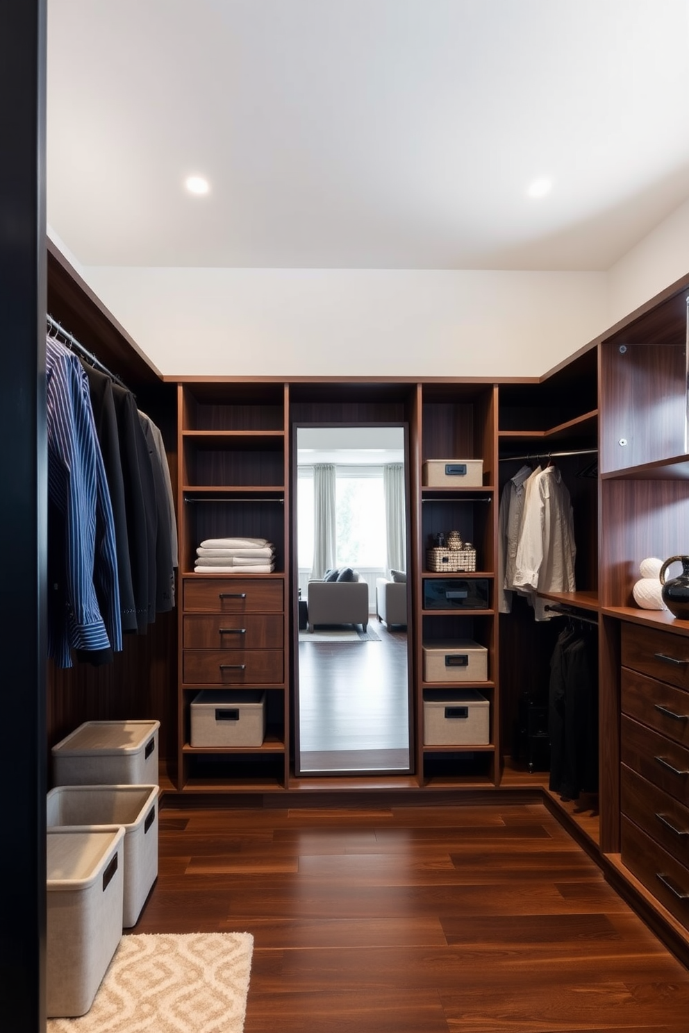 A stylish men's walk-in closet featuring sleek wooden shelving and hanging rods. Elegant storage bins in neutral tones are used for miscellaneous items, keeping the space organized and chic. The flooring is a rich dark wood, adding warmth to the modern design. A full-length mirror is positioned strategically to reflect the natural light coming from the window, enhancing the overall ambiance.