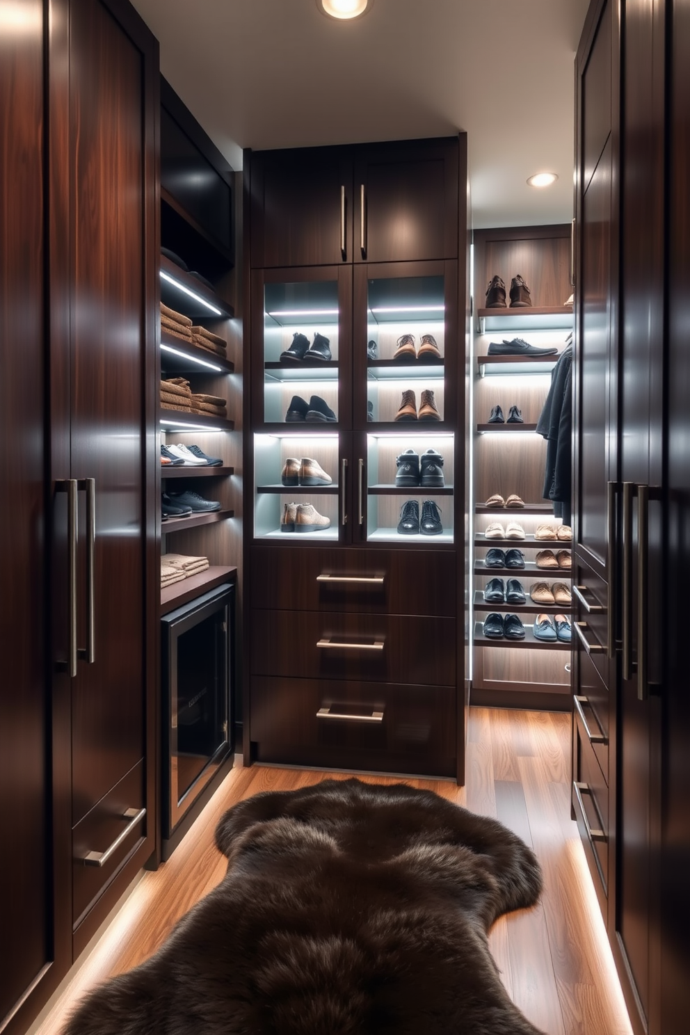 A luxurious men's walk-in closet featuring dark wood cabinetry and polished chrome hardware. The space includes a built-in small safe for valuables, seamlessly integrated into the cabinetry for security and convenience. The closet is illuminated by soft LED lighting, highlighting the organized shelving for shoes and accessories. A plush area rug lies in the center, adding warmth and comfort to the sophisticated design.