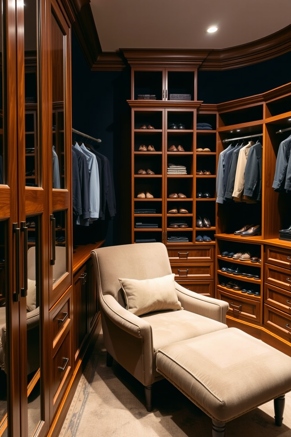 A luxurious men's walk-in closet featuring rich wooden cabinetry and ample storage space. A plush lounge chair is positioned in the corner, inviting relaxation amidst the organized shelves and hanging racks. The walls are adorned with a deep navy blue hue, providing a striking contrast to the warm wood tones. Soft, ambient lighting highlights the carefully curated collection of shoes and accessories on display.