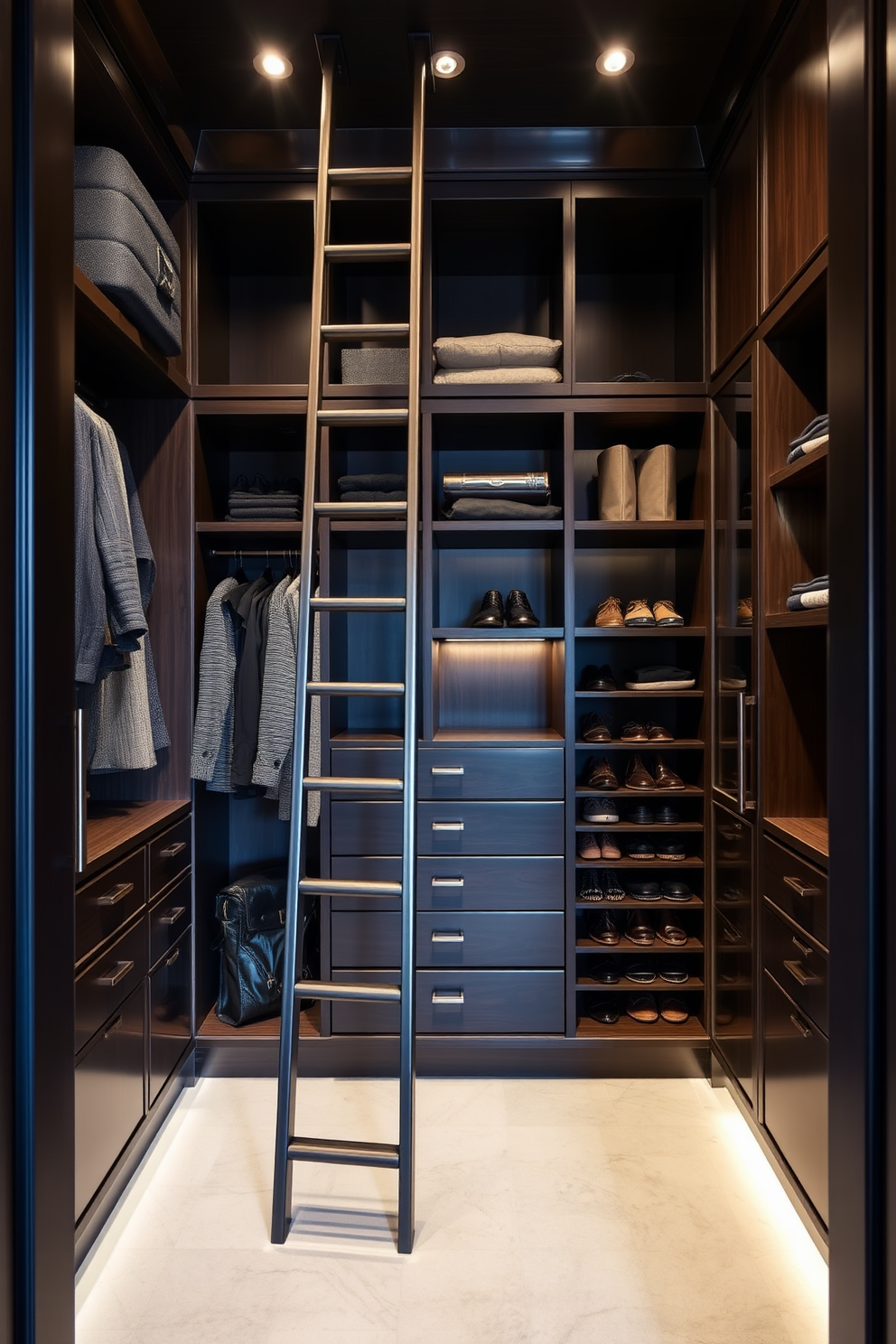 A stylish men's walk-in closet featuring a sleek ladder for high storage access. The closet is designed with dark wood cabinetry and ample shelving to accommodate a variety of clothing and accessories. The space includes a dedicated area for shoes, complete with elegant display racks. Soft lighting illuminates the room, enhancing the rich textures and colors of the materials used throughout the design.