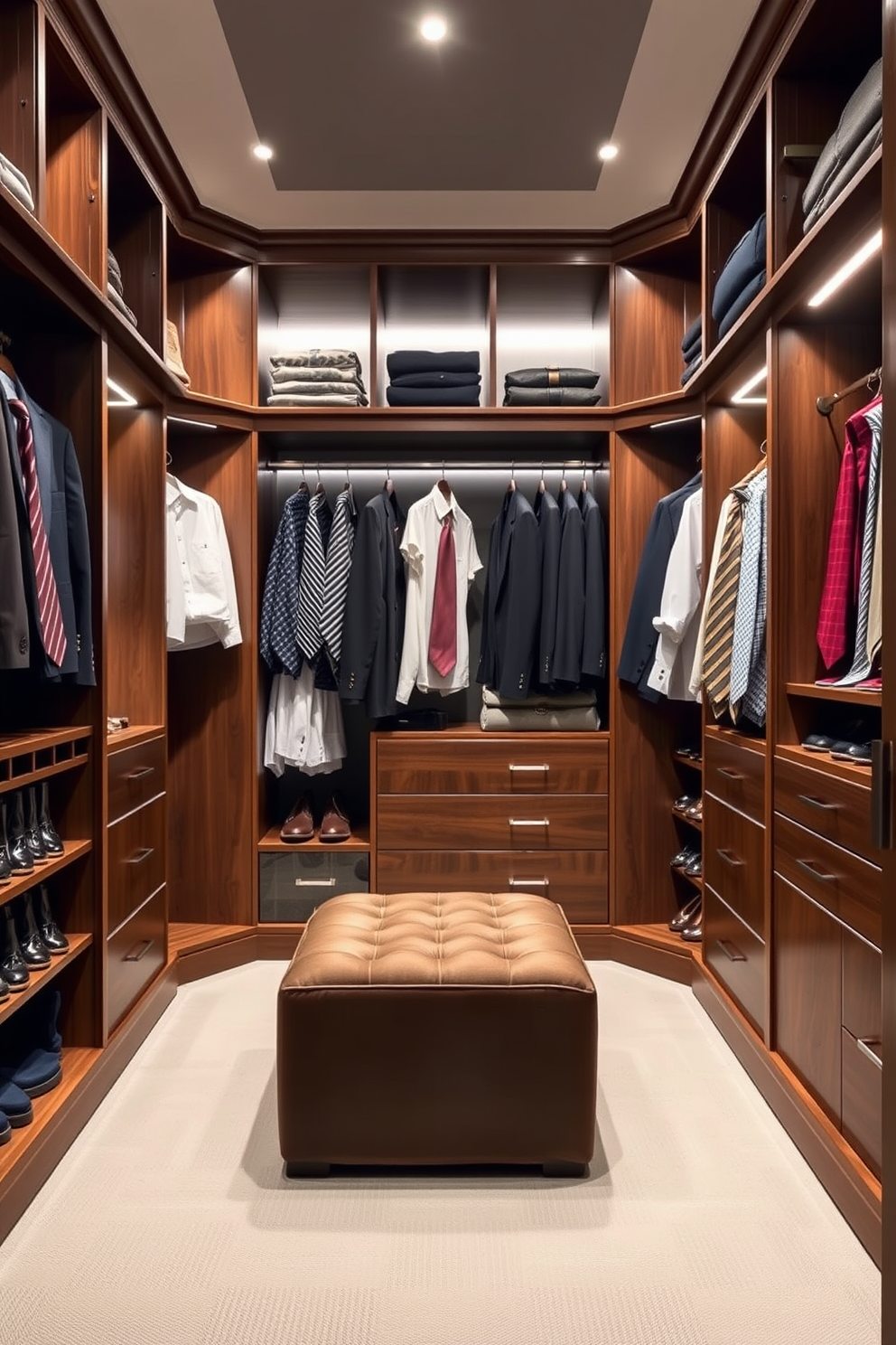 A spacious walk-in closet designed for men features built-in tie racks that provide efficient organization and easy access. The cabinetry is finished in a rich walnut wood, complementing the soft LED lighting that highlights the neatly arranged ties. The layout includes ample hanging space for suits and shirts, with dedicated shelves for shoes and accessories. A plush ottoman in the center adds comfort, creating a stylish and functional dressing area.