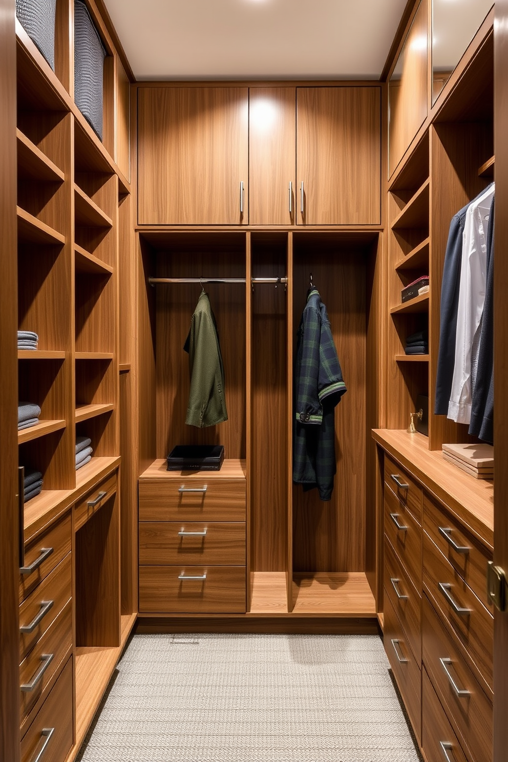 Custom cabinetry for tailored storage solutions. The closet features sleek, built-in shelves and drawers designed to maximize space while maintaining a clean aesthetic. Men's walk-in closet design ideas. Incorporate a combination of open shelving and closed cabinetry to create a functional yet stylish storage area.