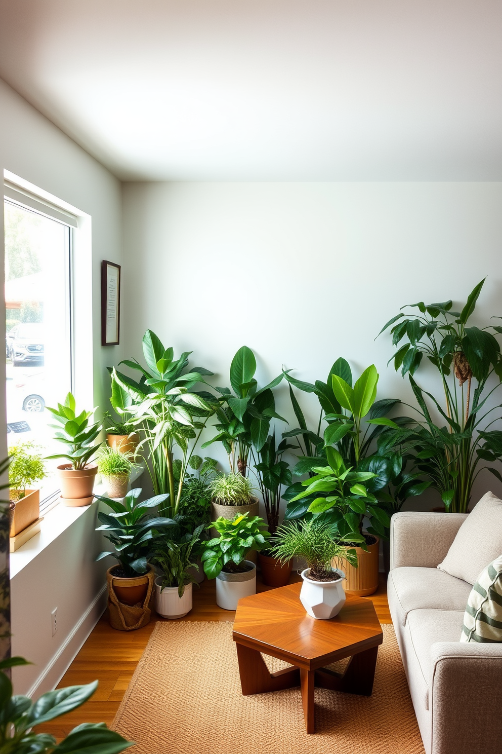 A cozy plant corner featuring an array of lush indoor greenery in stylish pots. The space is illuminated by natural light streaming in from a nearby window, creating a vibrant and inviting atmosphere. A Mid Century Modern basement design that emphasizes clean lines and functional furniture. The room includes a sleek sectional sofa, a geometric coffee table, and warm wood accents to enhance the retro aesthetic.