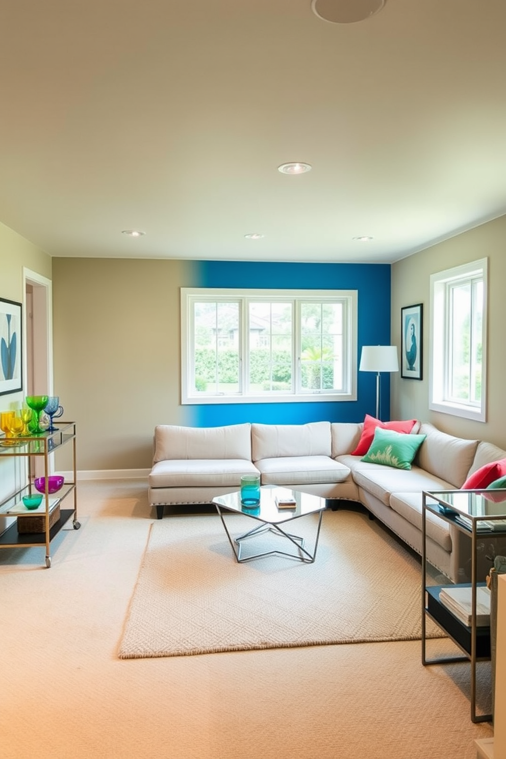 A spacious basement area designed in a Mid Century Modern style. The walls are painted in soft beige, while a vibrant blue accent wall adds a pop of color. The room features a sleek sectional sofa in a neutral tone, complemented by colorful throw pillows. A geometric coffee table sits in the center, surrounded by a stylish area rug that ties the colors together. Large windows allow natural light to flood the space, highlighting the minimalist decor. A retro bar cart with colorful glassware adds a playful touch to the overall design.