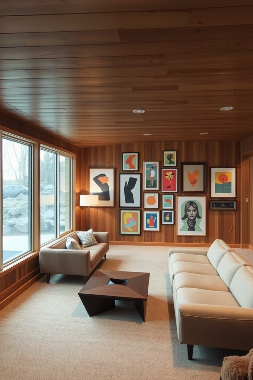 A spacious basement designed in Mid Century Modern style features warm wood paneling and large windows that let in natural light. The space includes a cozy seating area with a low-profile sofa and a geometric coffee table, creating an inviting atmosphere for relaxation. Wall-mounted art displays add a touch of creativity and personalization to the room. Various framed artworks in bold colors and abstract designs are arranged in a gallery style, enhancing the artistic vibe of the basement.