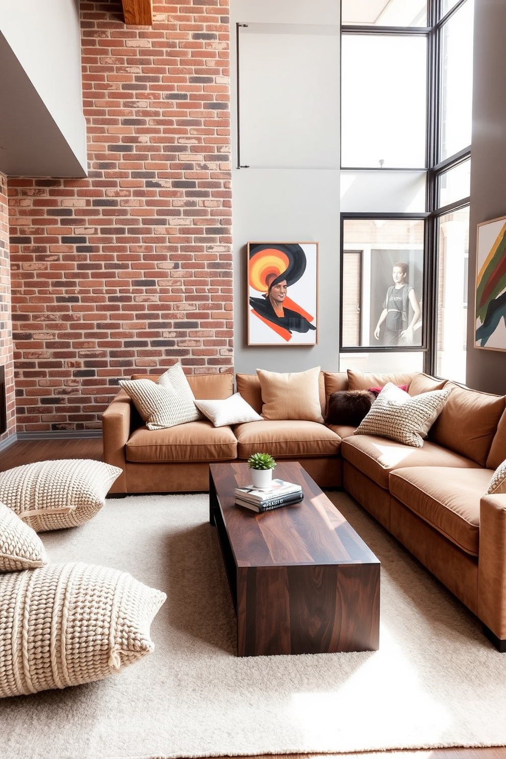 Textured cushions in various shades of beige and cream are scattered across a plush sectional sofa, inviting relaxation and warmth. A sleek coffee table made of walnut wood sits at the center, adorned with a few carefully curated books and a small potted plant. The basement features exposed brick walls painted in a soft gray, creating a cozy yet modern atmosphere. Large windows with minimalist black frames allow natural light to flood the space, highlighting the rich wood tones and vibrant artwork displayed on the walls.