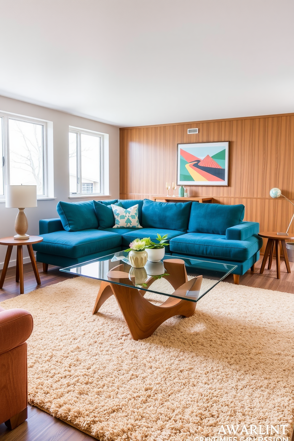 A stylish coffee table features unique geometric shapes crafted from glass and wood. It sits atop a plush area rug in a warm beige tone, surrounded by a cozy sectional sofa in a rich teal fabric. The Mid Century Modern basement design incorporates sleek lines and organic forms. Large windows allow natural light to flood the space, highlighting the retro-inspired furniture and vibrant accent colors.