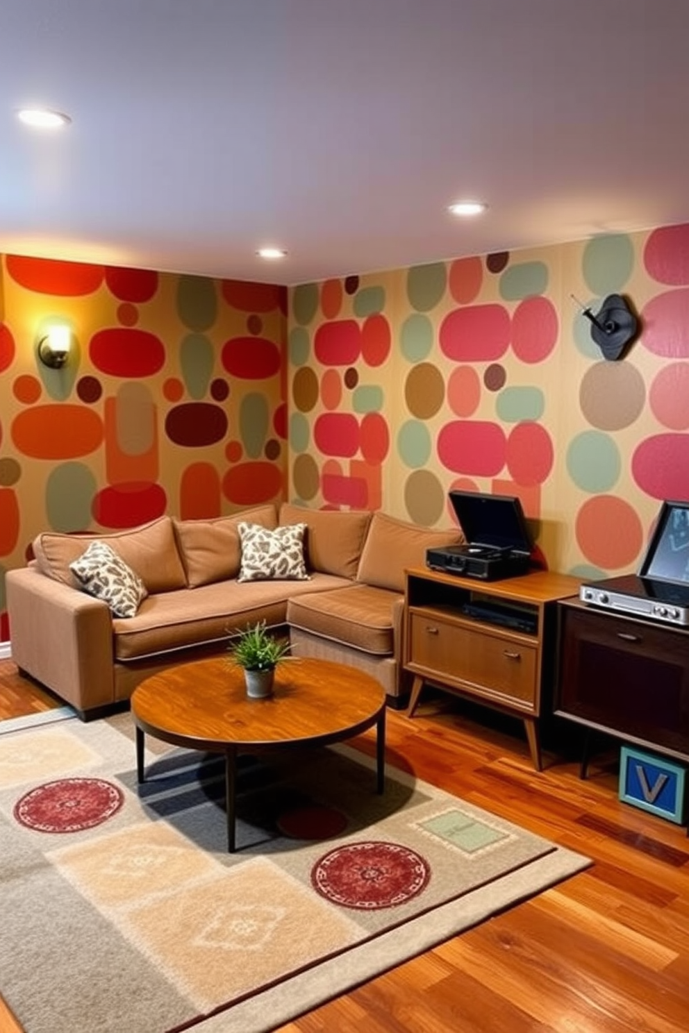 A cozy basement retreat featuring retro-inspired wallpaper in vibrant colors that evoke nostalgia. The space includes a plush sectional sofa, a vintage coffee table, and a record player to enhance the Mid Century Modern aesthetic. The flooring is a warm wood finish, complemented by a geometric area rug. Ambient lighting from stylish sconces creates an inviting atmosphere for relaxation and entertainment.