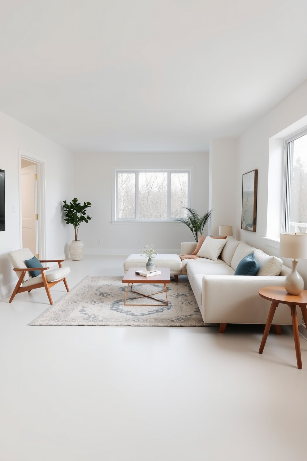 A minimalist basement design featuring clean lines and an open layout. The space includes a sleek sectional sofa in neutral tones, paired with a low-profile coffee table and a large area rug that adds warmth. The walls are painted in a soft white, creating an airy atmosphere. Large windows allow natural light to flood the room, highlighting the simple yet elegant decor elements. Incorporate Mid Century Modern furniture pieces, such as a stylish armchair and a wooden side table with tapered legs. The overall aesthetic is complemented by subtle pops of color through decorative cushions and artwork.