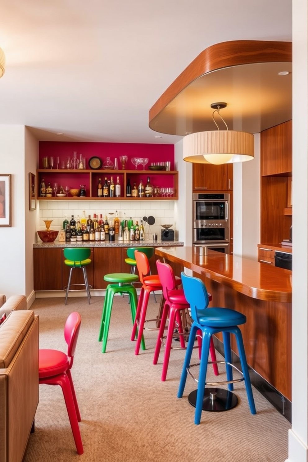 A vibrant retro bar featuring colorful stools arranged around a polished wooden counter. Behind the bar, shelves display an array of spirits and vintage glassware, adding character to the space. A stylish Mid Century Modern basement designed with sleek furniture and warm wood accents. The layout includes a cozy seating area, a statement light fixture, and a retro-inspired entertainment unit.