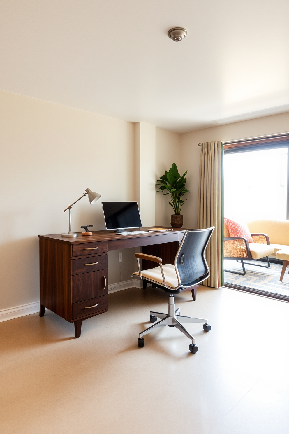 A functional workspace featuring a mid-century desk made of rich walnut wood. The desk is paired with a sleek ergonomic chair and is positioned near a large window that allows natural light to flood the room. The basement design incorporates elements of mid-century modern style with clean lines and organic shapes. Soft lighting fixtures hang from the ceiling, illuminating a cozy seating area with a vintage sofa and a geometric area rug.