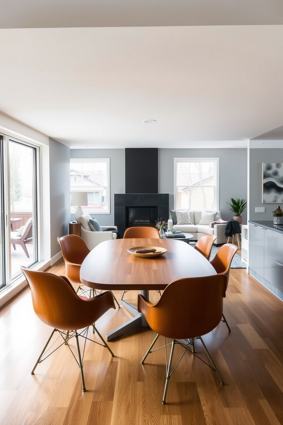 Classic Eames chairs are arranged around a sleek wooden dining table. The warm tones of the chairs contrast beautifully with the cool, minimalist decor of the room. The basement features a cozy lounge area with a plush sectional sofa and a stylish coffee table. Large windows allow natural light to flood the space, enhancing the inviting atmosphere.