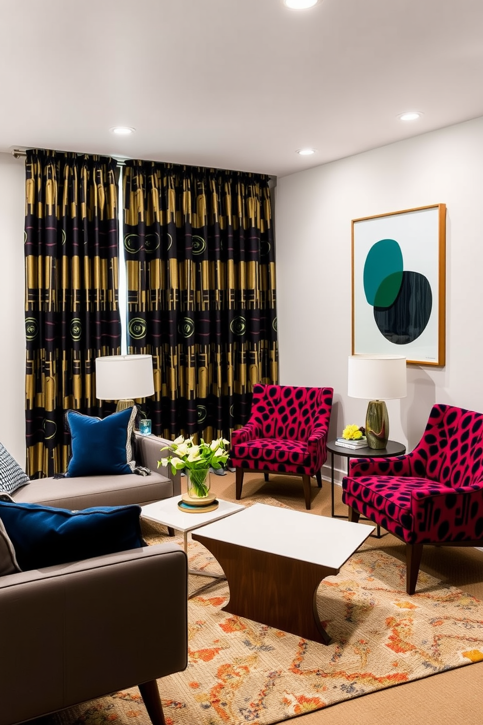 A striking basement design featuring bold patterned curtains that add a dramatic touch to the space. The room is furnished with Mid Century Modern pieces, including a sleek sofa, a geometric coffee table, and vibrant accent chairs that create a cohesive and stylish atmosphere.