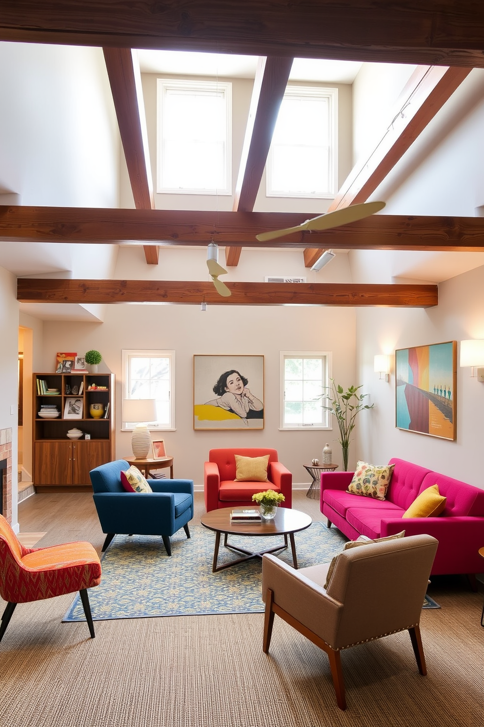 A stylish basement designed in Mid Century Modern style features exposed wooden beams that enhance the architectural interest of the space. The room is filled with natural light, showcasing a cozy seating area with retro furniture and vibrant accent colors.