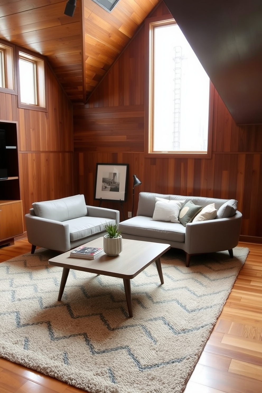 A cozy basement retreat featuring warm wood tones throughout the space. The walls are clad in rich wooden paneling, complemented by a soft area rug that adds texture and warmth. Incorporate Mid Century Modern furniture, including a sleek sofa with tapered legs and a minimalist coffee table. Large windows allow natural light to fill the room, enhancing the inviting atmosphere.