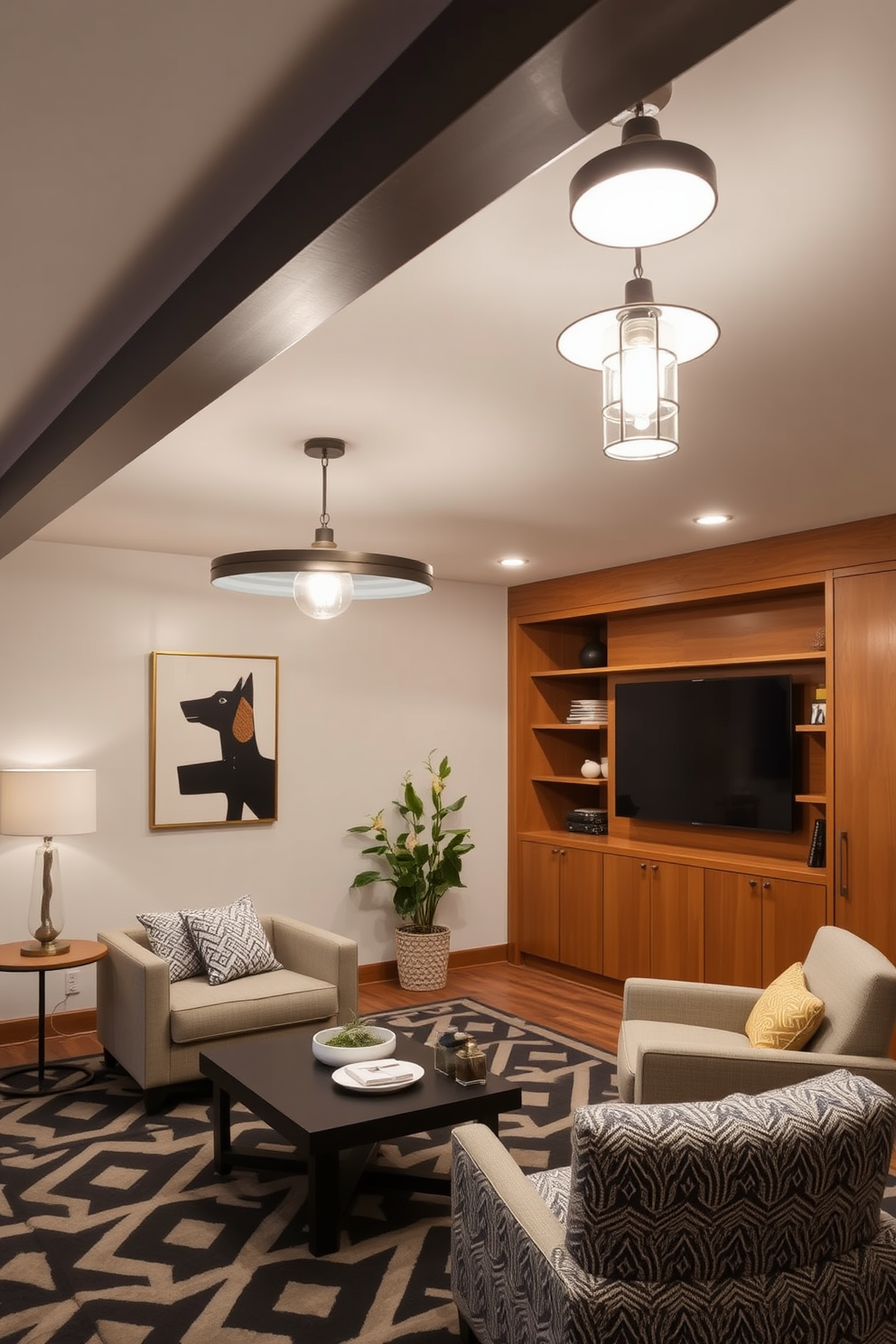 A stylish basement designed in Mid Century Modern style features unique light fixtures that serve as statement pieces. The space is characterized by clean lines, warm wood tones, and bold geometric patterns that create a cozy yet sophisticated atmosphere.