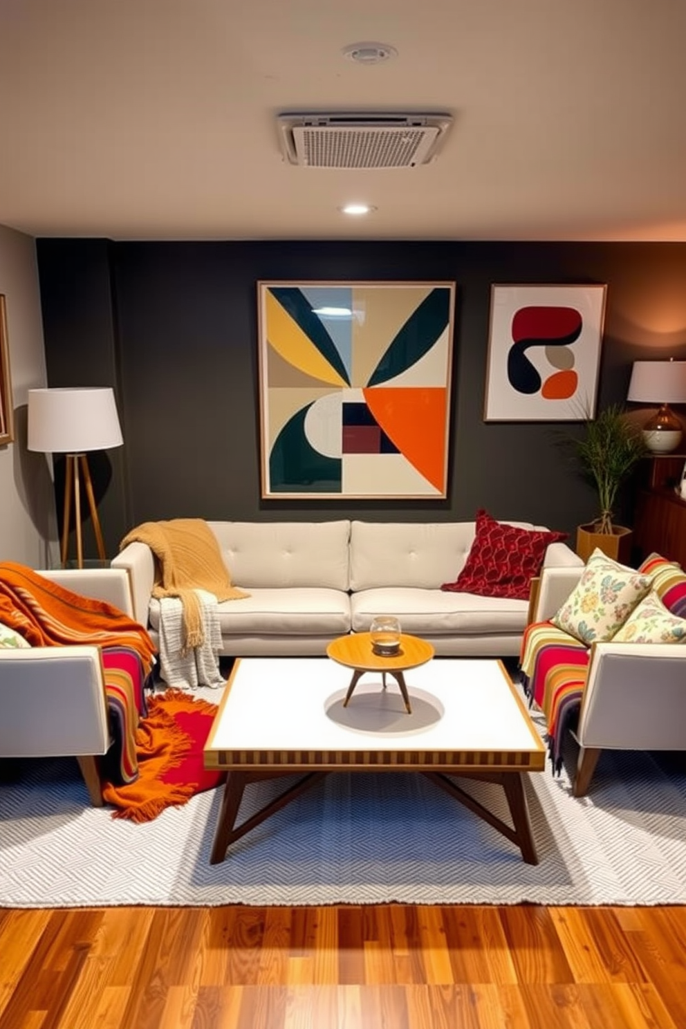 A cozy Mid Century Modern basement featuring colorful throw blankets draped over a sleek, low-profile sofa. The walls are adorned with geometric art, and a retro coffee table sits in the center, surrounded by warm wooden accents.