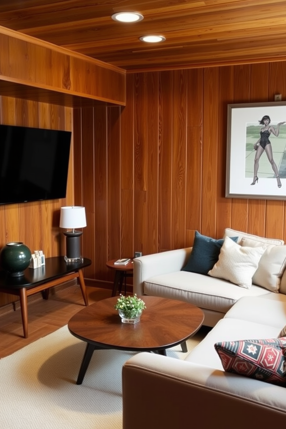 A cozy basement space featuring rich wood paneling that exudes warmth and comfort. The design incorporates Mid Century Modern furniture, including a sleek sofa and a stylish coffee table, creating a perfect blend of functionality and style.