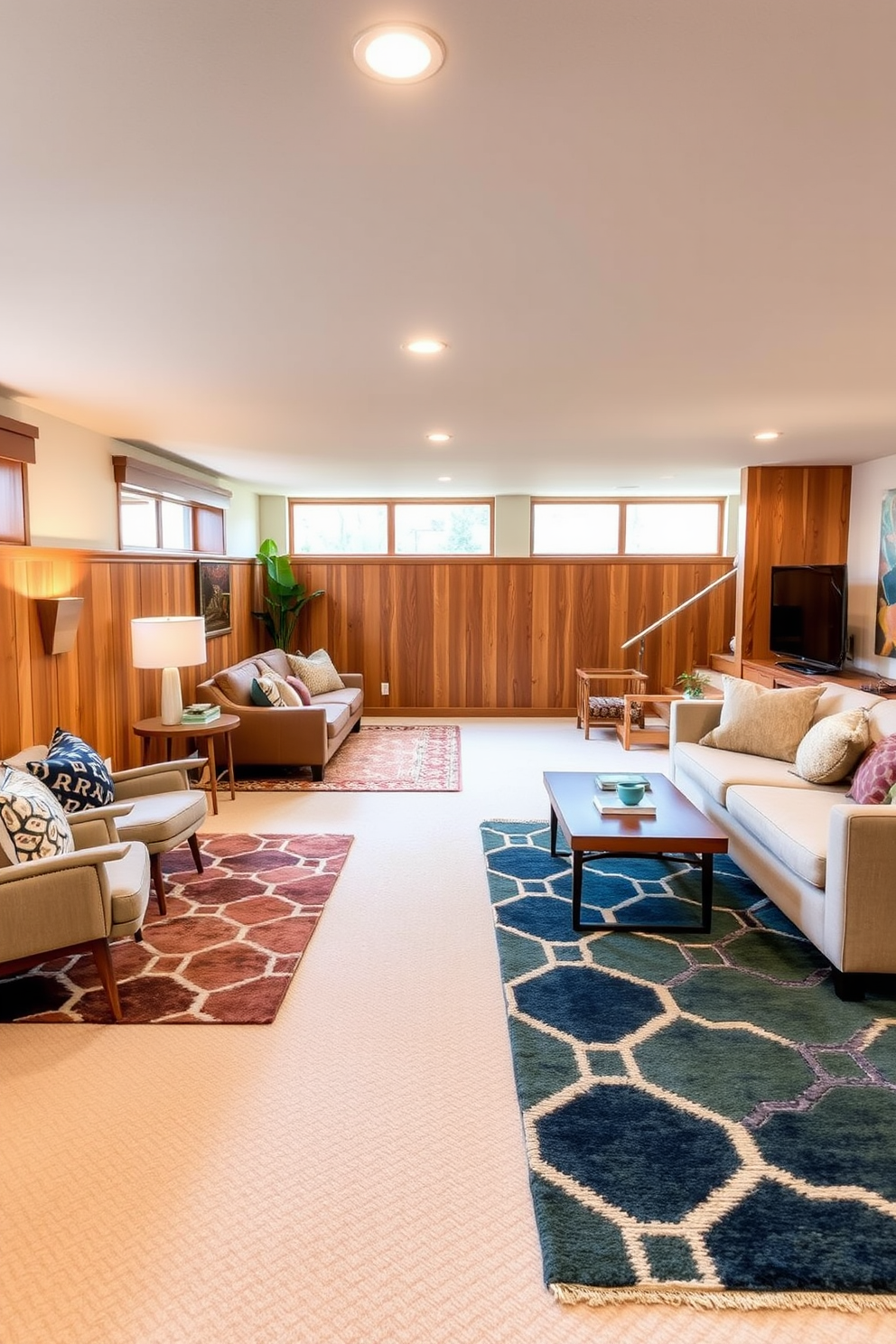 A stylish Mid Century Modern basement features a spacious layout with clean lines and a mix of warm wood tones. Geometric area rugs in bold colors add visual interest and define different functional areas within the space. The walls are painted in a soft neutral shade, complementing the rich textures of the furniture. Large windows allow natural light to flood in, enhancing the inviting atmosphere of the basement retreat.