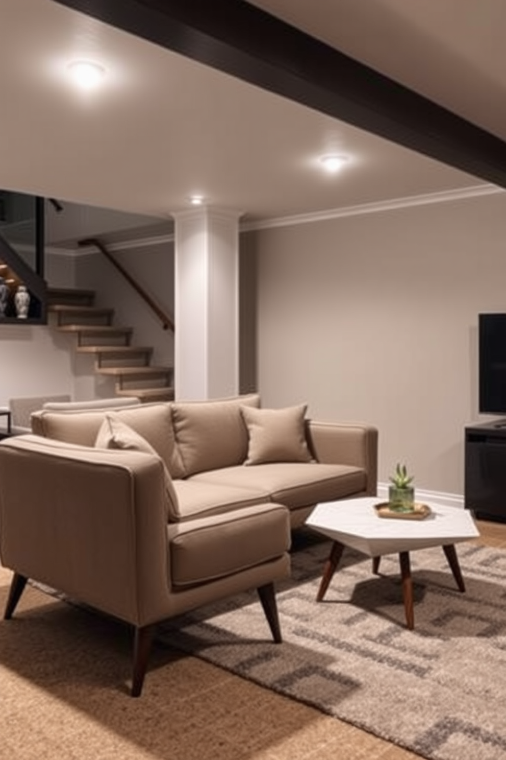 A stylish basement featuring sleek furniture with tapered legs that embodies Mid Century Modern design. The space includes a comfortable sofa in a muted color palette, paired with a geometric coffee table that adds a touch of elegance.