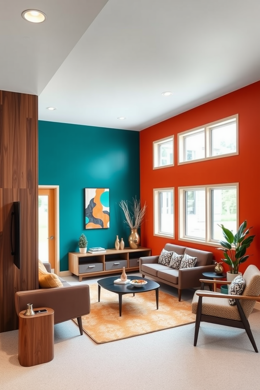 Bright accent walls in bold colors create a vibrant and energetic atmosphere in a Mid Century Modern basement. The walls are painted in rich hues like deep teal and fiery orange, complemented by sleek wooden paneling and retro-inspired furniture. The space features a cozy seating area with a low-profile sofa and geometric patterned cushions. Large windows allow natural light to flood the room, highlighting the unique artwork and decorative pieces that reflect the Mid Century aesthetic.