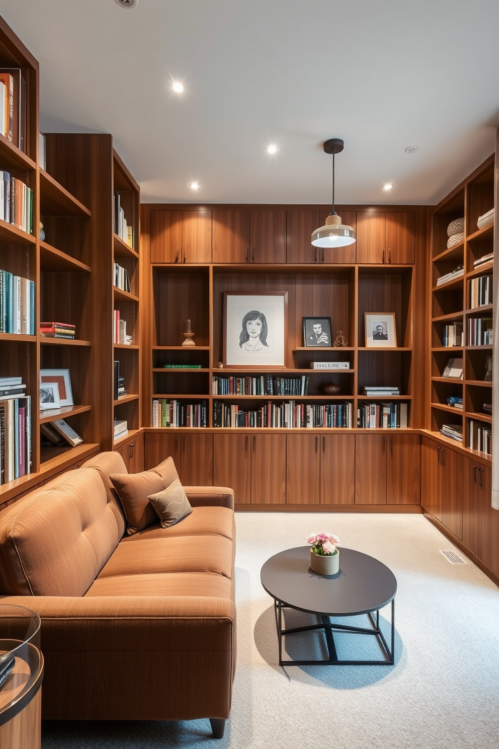 A cozy basement space featuring integrated shelving that showcases an array of books and decorative items. The shelves are crafted from warm wood, seamlessly built into the walls, creating a harmonious blend of function and aesthetics. The seating area includes a plush sectional sofa in a rich fabric, paired with a sleek coffee table. Soft lighting fixtures hang from the ceiling, casting a warm glow over the entire room, enhancing the Mid Century Modern vibe.