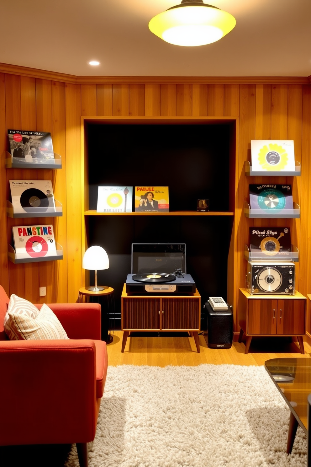 A vintage record player serves as the focal point in a Mid Century Modern basement design. The space features warm wood paneling, a plush area rug, and retro furniture pieces that create a cozy yet stylish atmosphere. Surrounding the record player are colorful vinyl records displayed on sleek shelves, adding a playful touch to the decor. Soft lighting from mid-century inspired fixtures creates an inviting ambiance, perfect for relaxation and entertainment.