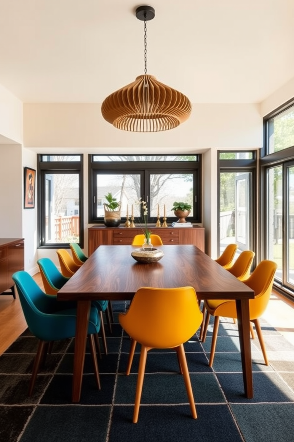 A Mid Century Modern dining room features streamlined furniture with bold colors that create a striking visual impact. The table is a rich walnut with a sleek design, surrounded by vibrant chairs in shades of teal and mustard yellow. Large windows allow natural light to flood the space, highlighting the geometric patterns of the area rug beneath the table. A statement pendant light hangs above, adding an artistic touch to the overall aesthetic.